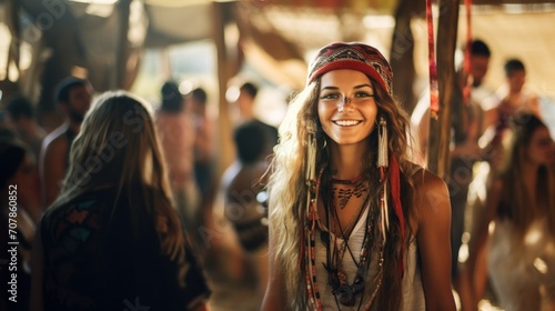 Pretty hippie woman, beautiful young hipster. Concept of youth, freedom and adventure. Cute cheerful teenage lady. attractive female vintage girl. photo