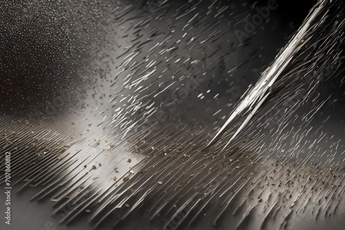 A metal file smoothing the edges of a metal plate, the rhythmic sound of the file's movement accompanied by showers of metal filings. photo