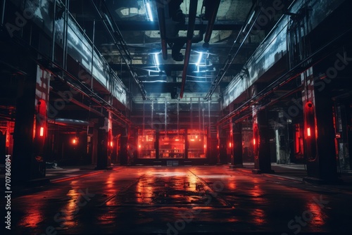 industrial space for techno music party club with neon lighting. Rave cyberpunk parties. photo