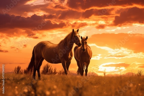 two beautiful brown Arabian horses standing at sunset in the field in nature