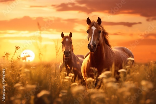 two beautiful brown Arabian horses standing at sunset in the field in nature photo