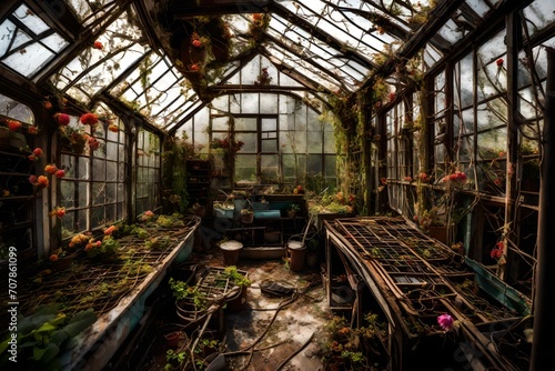 A forgotten, decaying greenhouse filled with tangled vines and broken glass, where once vibrant flowers bloomed in isolation.