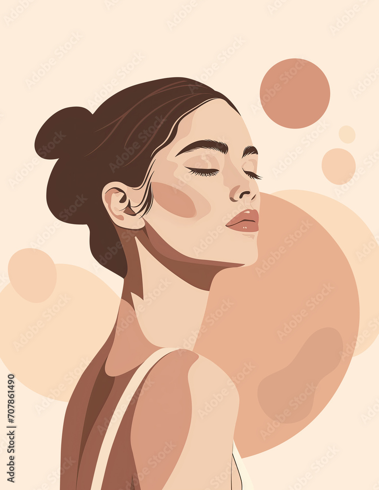 Beautiful woman with abstract shapes on the background. Minimalistic illustration for branding and advertising of beauty salons, spa salons, cosmetics, social media and other modern projects.