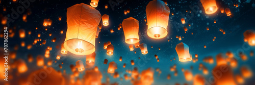 Flying paper lanterns in night sky - ai generative photo