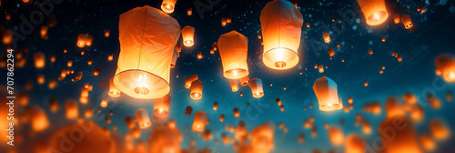 Flying paper lanterns in night sky - ai generative
