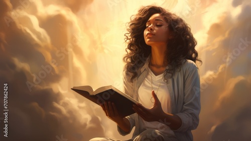 Peaceful young woman reading bible while looking towards the heavens for hope and guidance from God