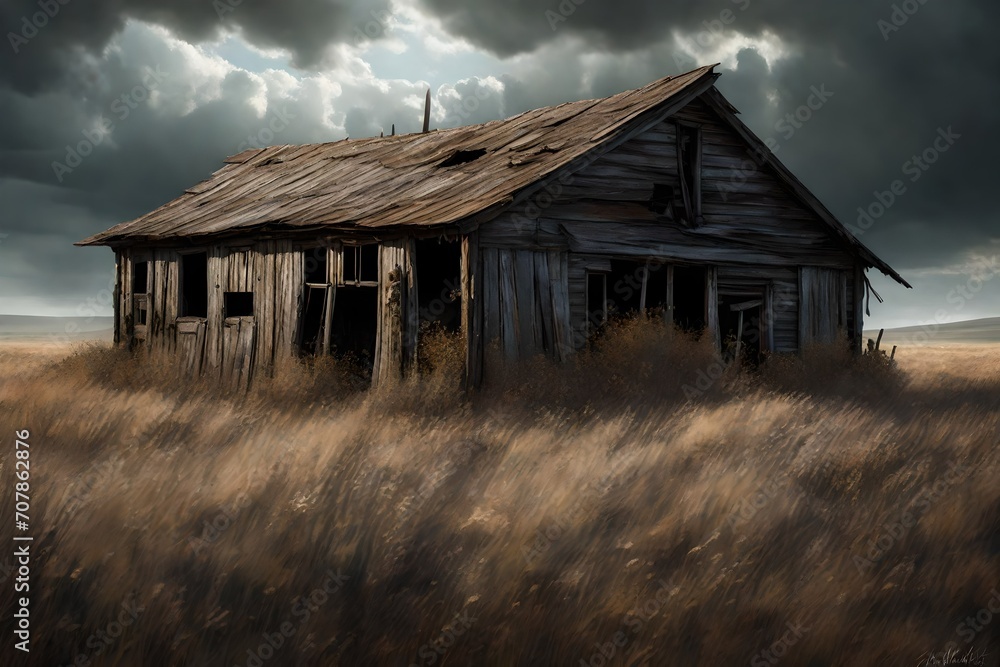 A weathered, abandoned stable in a wild, windswept prairie, with the distant howls of wolves echoing through the isolation. A weathered, abandoned stable in a wild, windswept prairie, with the distant howls of wolves echoing through the isolation.
