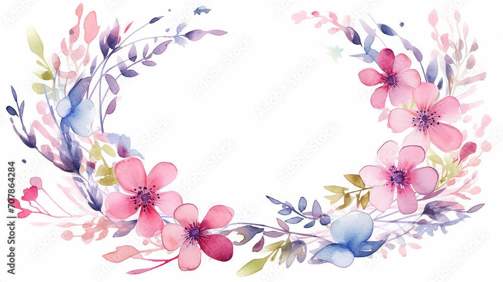 spring wild flower watercolor wreath on white background
