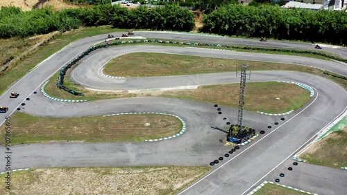 Aerial view race kart track, Track for auto racing top view, Car race asphalt and curve grand prix street circuit, Aerial view asphalt race track