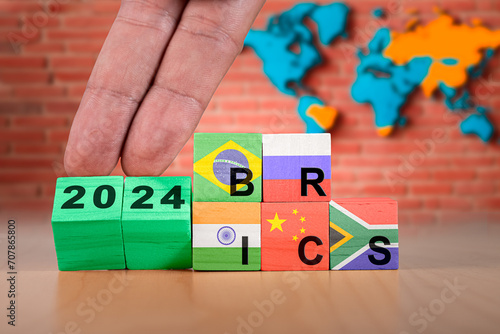 Russia will hold a BRICS summit in Kazan in October 2024. The BRICS strategy is open a partnership and inviting 6 other emerging countries to join the group. Suitable for emphasize the BRICS unity and photo