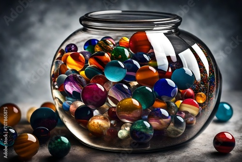 A crystal-clear glass jar filled with colorful marbles of various sizes, reflecting the ambient light in a mesmerizing pattern. photo