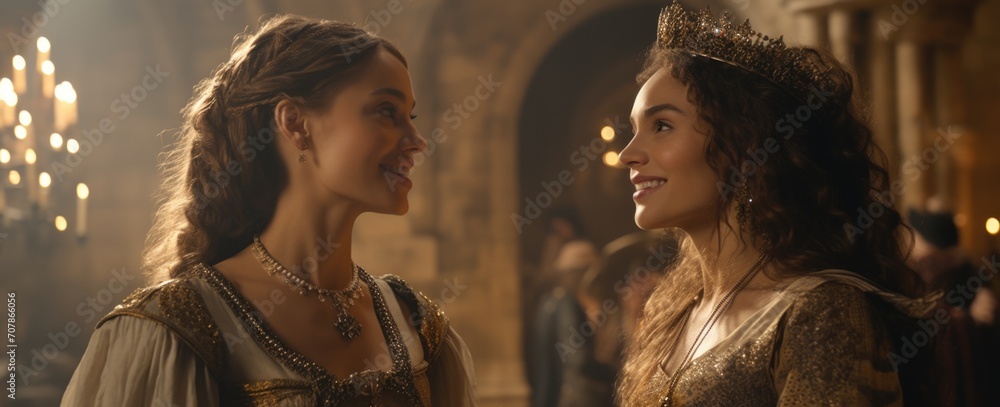 A Brunette woman wearing a white wedding dress with a medieval theme A Brunette woman wearing a white wedding dress with a medieval theme