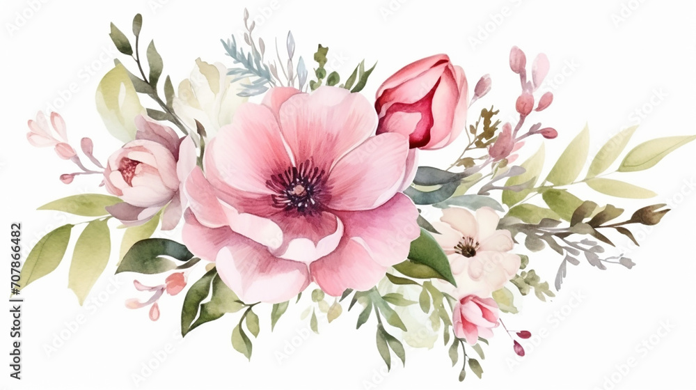 beautiful wedding floral design with pink flower garden watercolor on white background