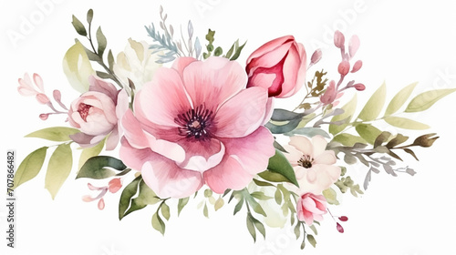 beautiful wedding floral design with pink flower garden watercolor on white background photo
