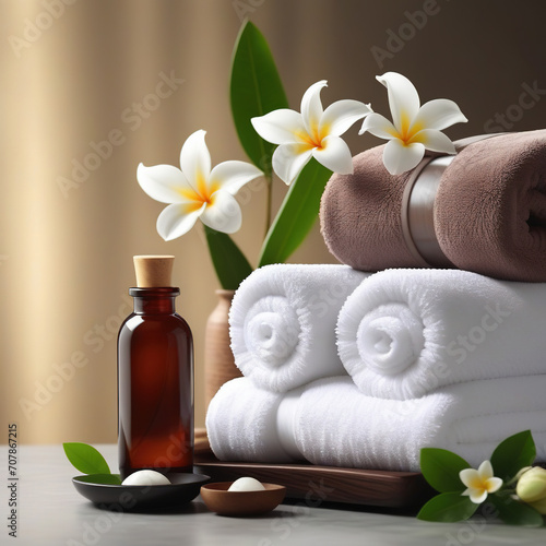 Spa candle towel aromatic bottle stone franggipani flower photo