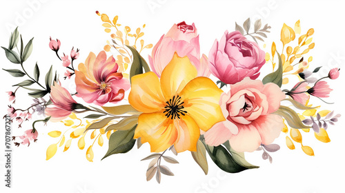 simple elegant yellow pink flower arrangement watercolor on white isolated background photo