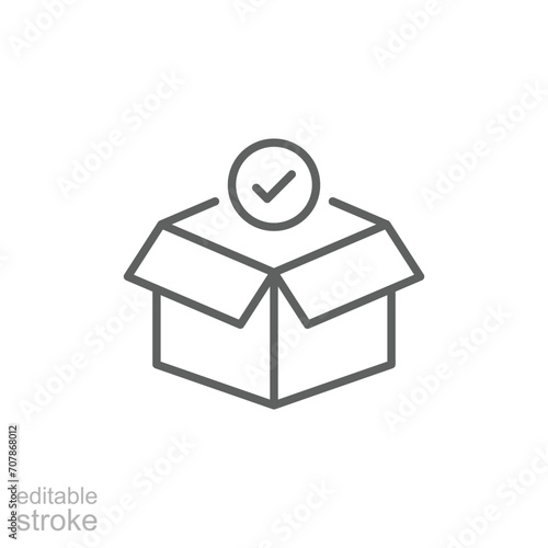 Box check icon. Simple outline style. Receive product, delivery package, open order, cardboard, bulk, unpack box concept. Thin line symbol. Vector isolated on white background. Editable stroke SVG.