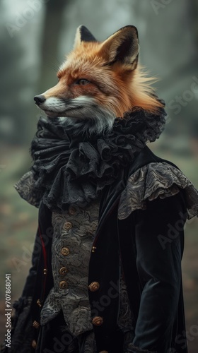 Sophisticated fox in Gothic aristocrat attire, dark velvet coat and ruffled collar, misty Gothic graveyard in background © Kanisorn