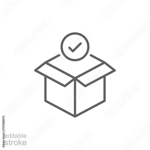 Box check icon. Simple outline style. Receive product, delivery package, open order, cardboard, bulk, unpack box concept. Thin line symbol. Vector isolated on white background. Editable stroke SVG.