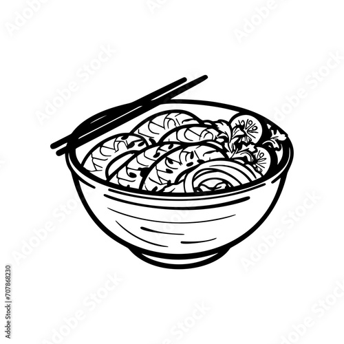 Stir fry noodles with vegetables and shrimps in black bowl. Slate background. Top view. Copy space.
