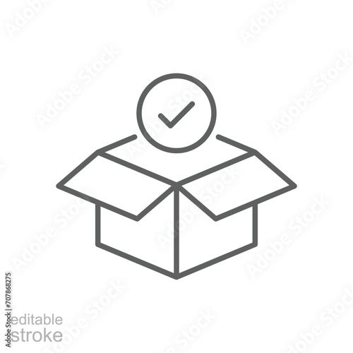 Box check icon. Simple outline style. Receive product, delivery package, open order, cardboard, bulk, unpack box concept. Thin line symbol. Vector isolated on white background. Editable stroke SVG.