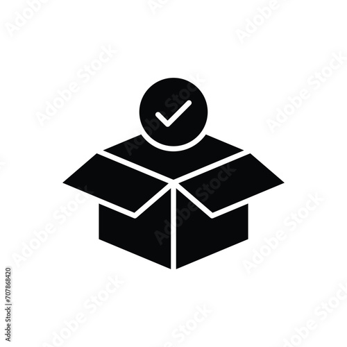Box check icon. Simple solid style. Receive product, delivery package, open order, cardboard, bulk, unpack box concept. Black silhouette, glyph symbol. Vector isolated on white background. SVG.