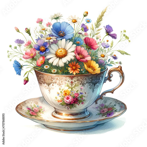 watercolor illustration of a vintage teacup overflowing with wildflowers, perfect for clipart.