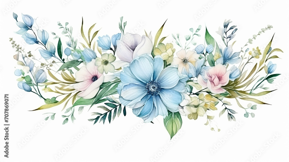 elegant wedding design with floral blue sky and green field landscape watercolor on white background - obrazy, fototapety, plakaty 