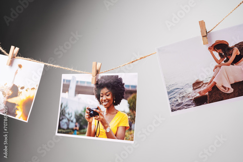 Printed colorful photos of women portraits against gray background photo