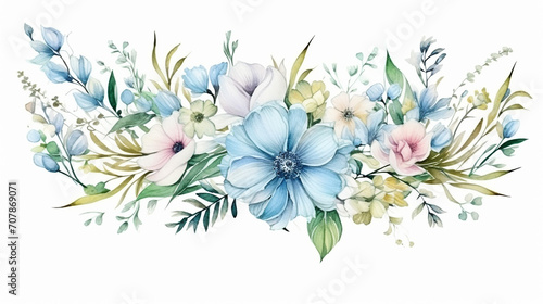 elegant wedding design with floral blue sky and green field landscape watercolor on white background