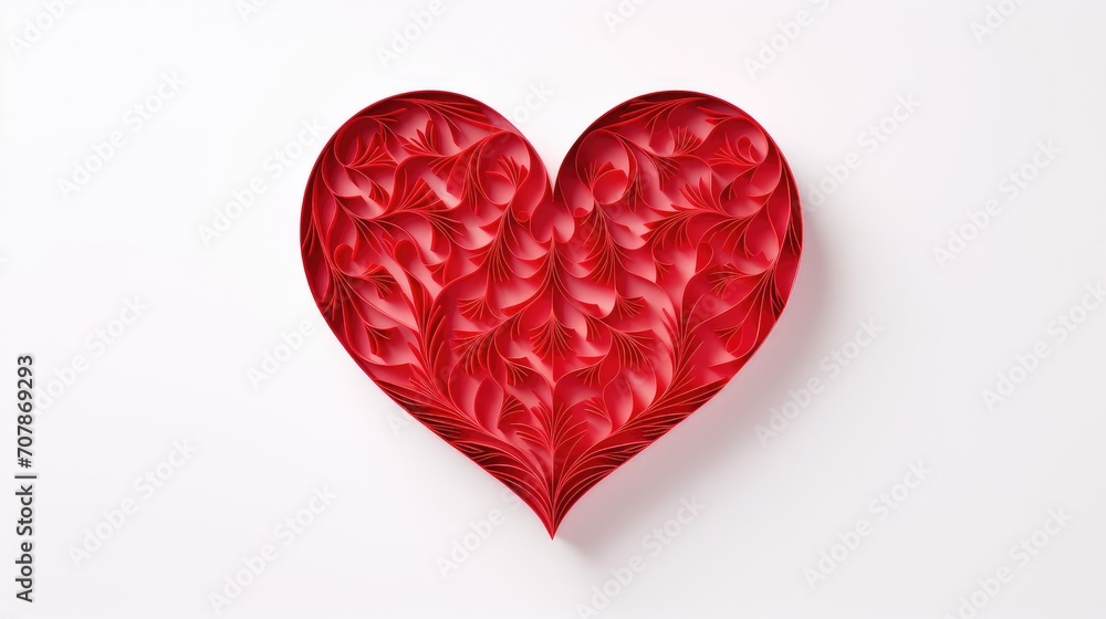 A red heart made of patterns, cut paper on a white insulated background. Red heart shape isolated on white.