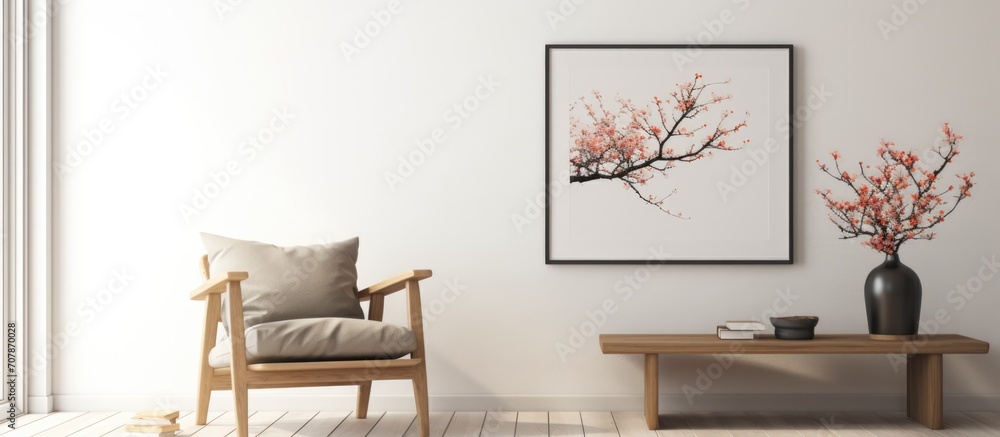 Living room with open book, vase of blossoms, wooden table, black chair, empty poster frame on white wall.
