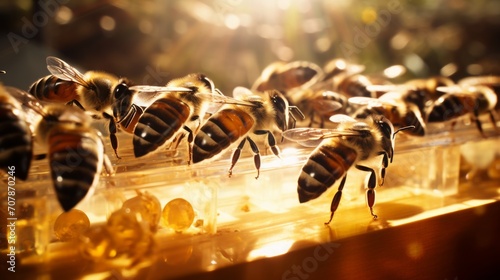 Close-up shot of bees working in harmony inside a transparent observation beehive. Generative AI