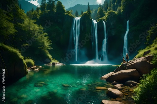 A tranquil scene capturing the elegance of waterfalls harmonizing with the rich  vibrant greens of the mountains.