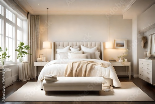 A serene bedroom with a white upholstered bedframe, cream-colored bedding, and soft lighting creating a cozy ambiance.