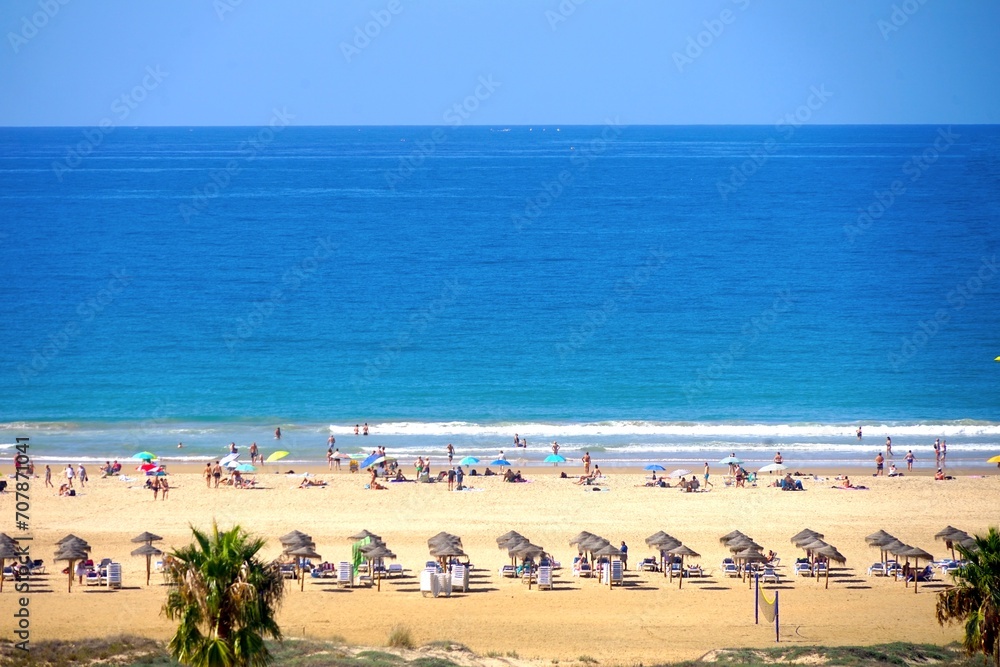 aerial view of the beautiful beach Playa los Bateles in Conil de la Frontera with palms, beach lounger and parasols, Andalusia, Costa de la Luz, Spain