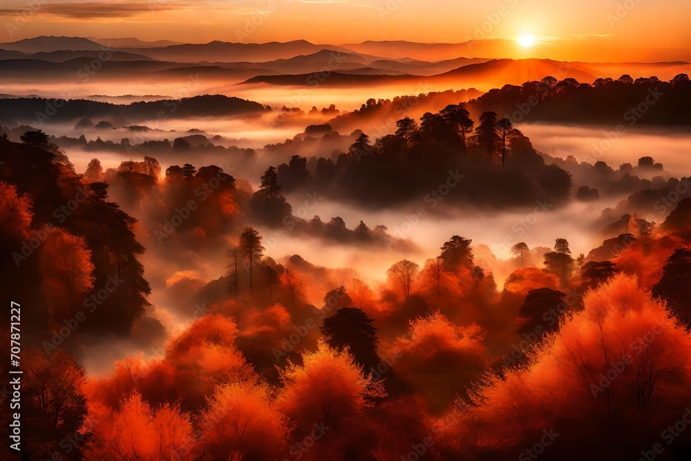 Obraz premium A stunning, fiery sunrise painting the sky and casting a golden glow over a mist-covered valley.