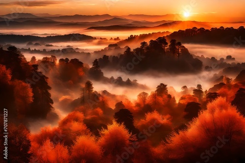 A stunning, fiery sunrise painting the sky and casting a golden glow over a mist-covered valley. © WOW