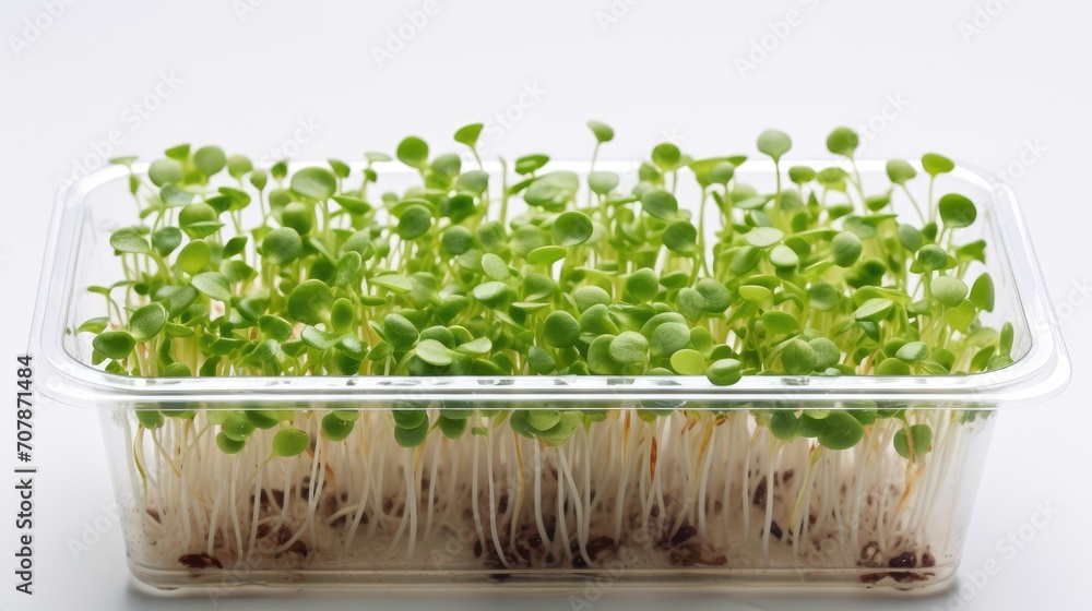 Macro photo of Microgreens in transparent container Top view. Micro greens with small leaves for salads, dishes. Close-up plant food for cafes and restaurants. Business for Growing and sale vegetable Macro photo of Microgreens in transparent container Top view. Micro greens with small leaves for salads, dishes. Close-up plant food for cafes and restaurants. Business for Growing and sale vegetable