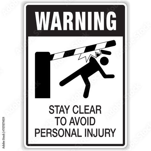 Automatic Toll Barrier Gate Warning Sign: Stay Clear To Avoid Personal Injury (with Lowering Gate Boom Symbol). Eps10 vector illustration.