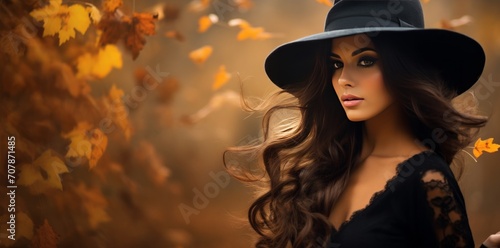 A brunette woman wearing a black dress and wide brimmed hat against the autumn background, drying leaves
