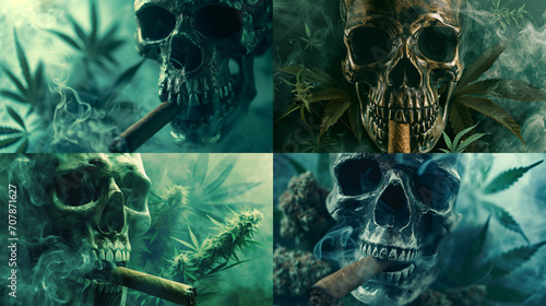 Skull smoking a cigar in front of cannabis plants, cannabis background, green marijuana background.