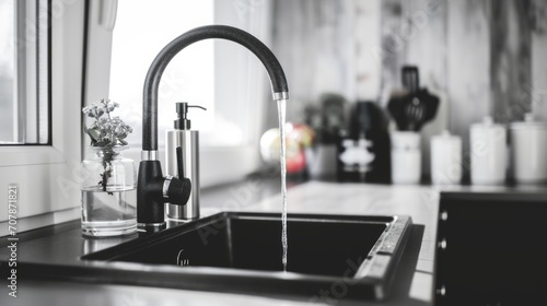 Contemporary black matte kitchen faucet, minimalistic design, clean lines, water streaming, white background, stylish sticker art --ar 16:9 --v 6 Job ID: d2d5655c-49ed-4113-bcb0-ee66f3cf8498 Generativ