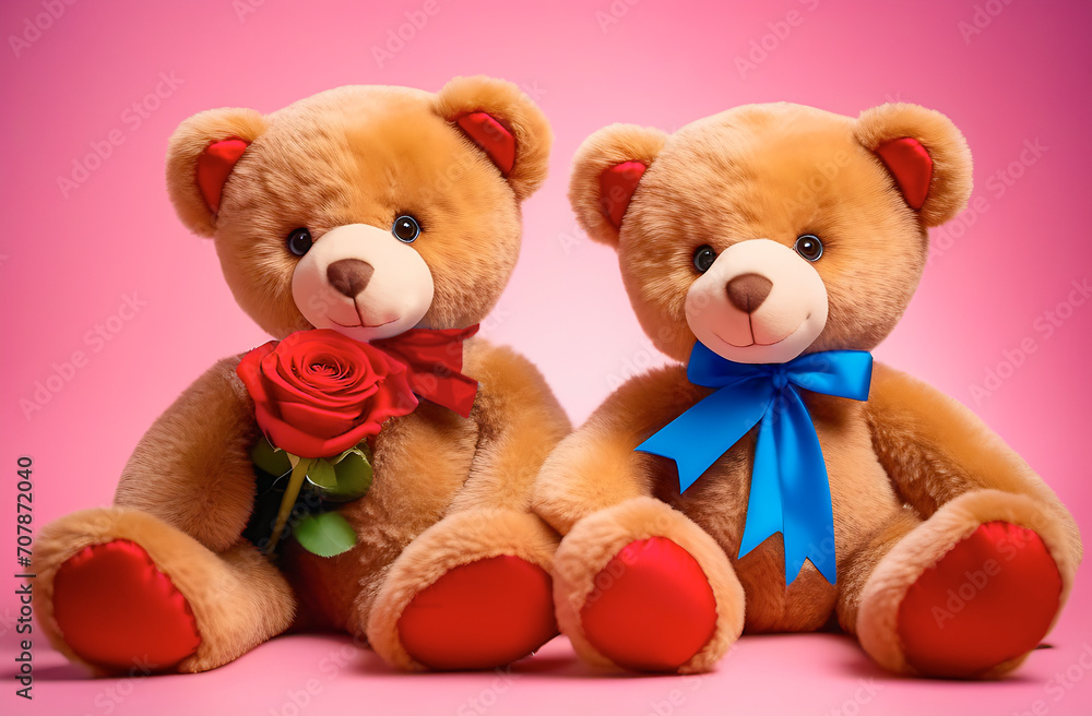 Two teddy bears, brown, one with a red rose in its paws, sit on a pink background. Two teddy bears, brown, one with a red rose in its paws, sit on a pink background.
