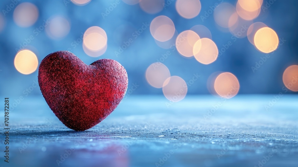 Fototapeta premium A solitary glittering heart rests against a blue backdrop with blurred lights, conveying a sense of romance and mystery.