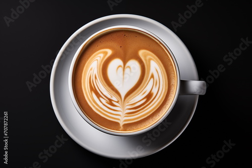 Close up heart shape latte art on wood table,cappuccino art, isolated on white background, Generated AI