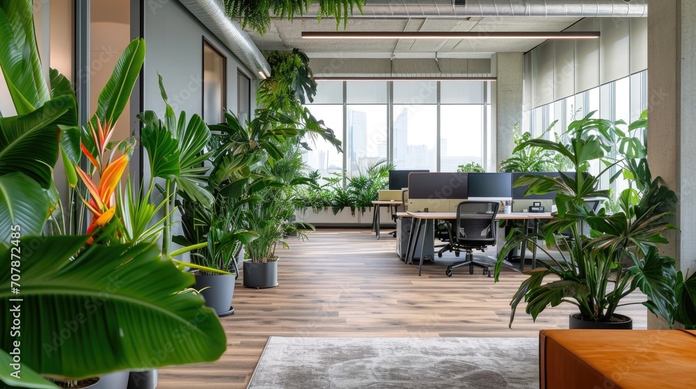 An office space with large windows, desks, chairs, and numerous green indoor plants