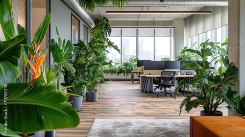An office space with large windows, desks, chairs, and numerous green indoor plants © mashimara