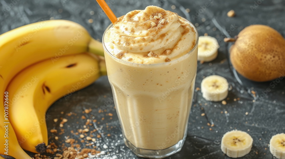 A banana milkshake topped with whipped cream in a tall glass, bananas and oats scattered around. A banana milkshake topped with whipped cream in a tall glass, bananas and oats scattered around.