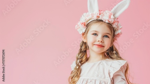 A smiling young girl with curly hair wearing bunny ears and a white dress stands against a pink background, exuding cheerfulness and charm.